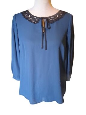 Blue Lace-Trim Tie-Neck Blouse for Women